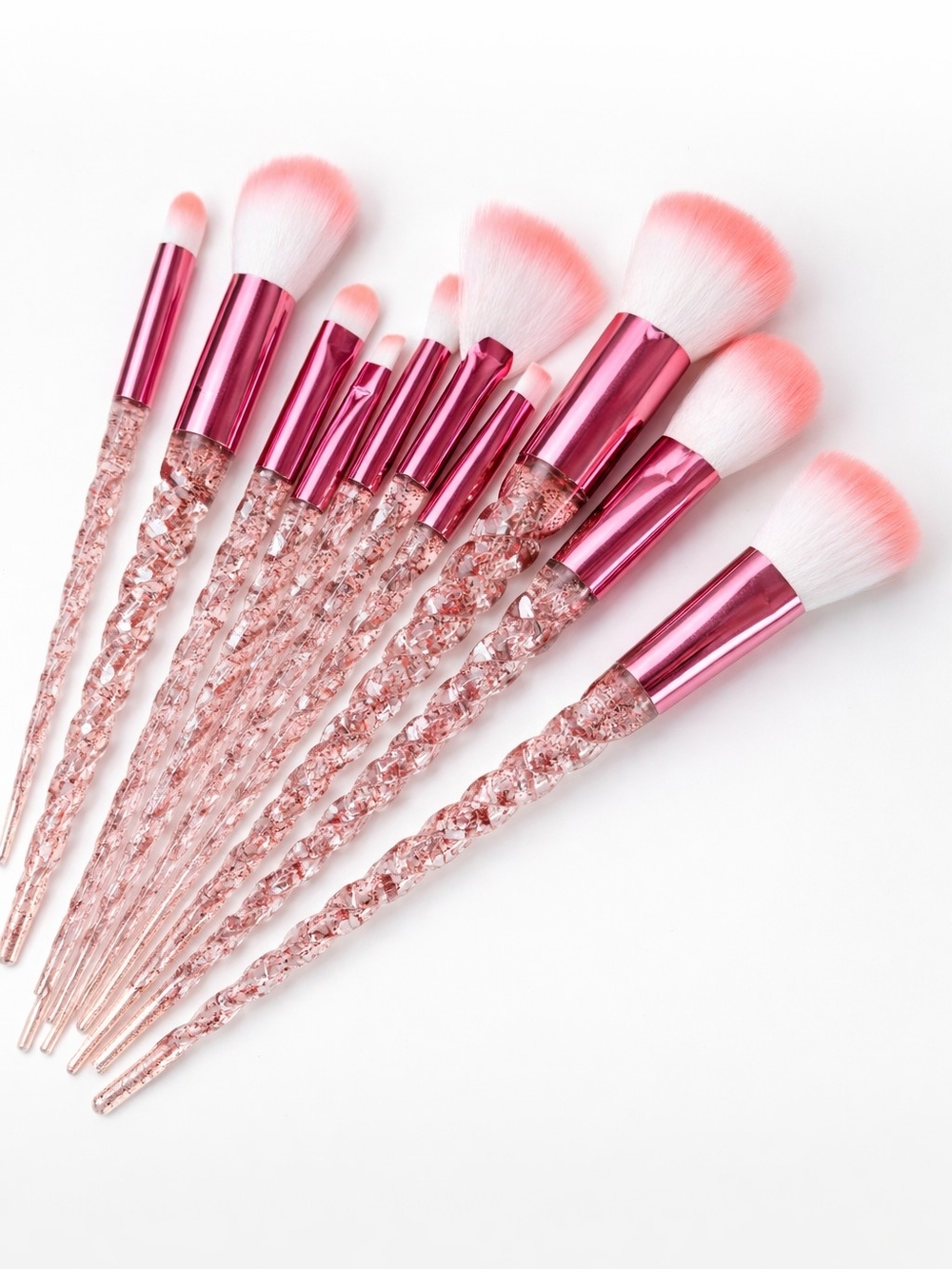 Aesthetic Pink Glitter Makeup Brush Set 10pc Unicorn Spiral Wand Brushes New